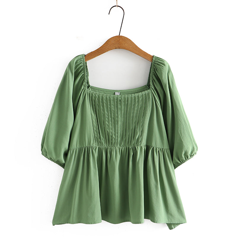 Plus Size Pleat Square Neck Peplum Blouse