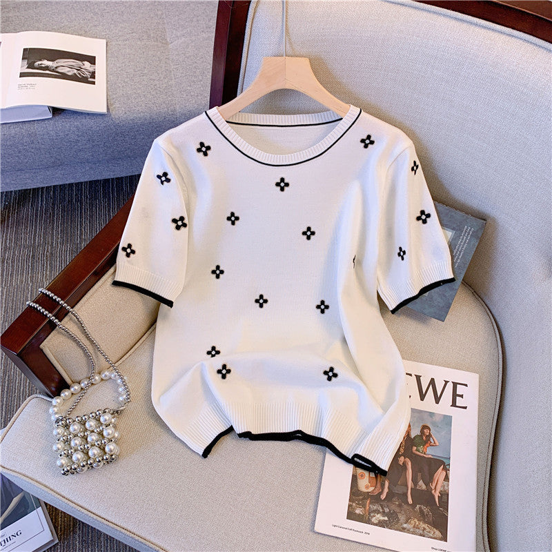 Plus Size Korean Round Neck Pattern Knit Top