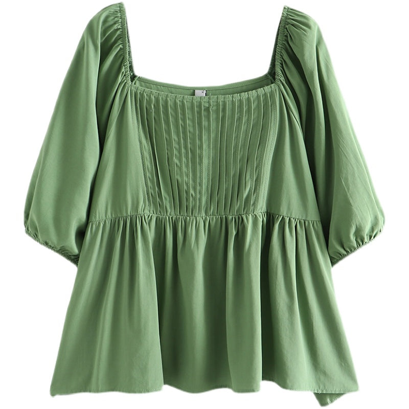Plus Size Pleat Square Neck Peplum Blouse
