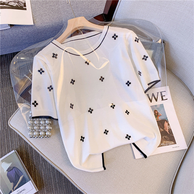 Plus Size Korean Round Neck Pattern Knit Top
