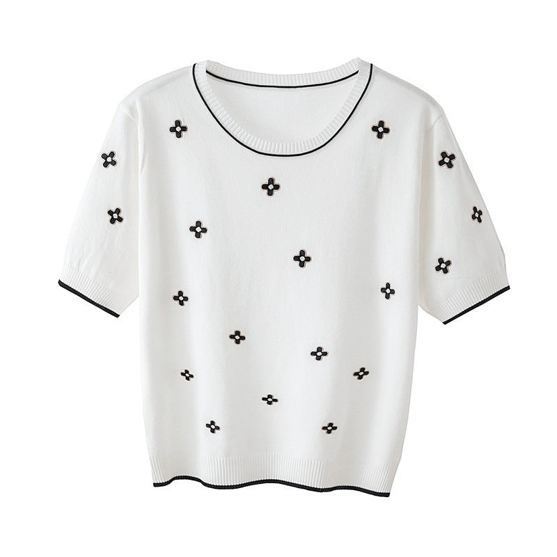 Plus Size Korean Round Neck Pattern Knit Top