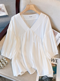 Plus Size V Neck Balloon Sleeve Short Sleeve Tunic Top