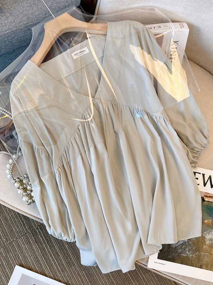 Plus Size V Neck Balloon Sleeve Short Sleeve Tunic Top