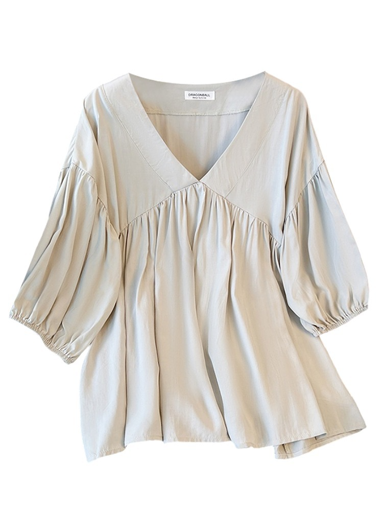 Plus Size V Neck Balloon Sleeve Short Sleeve Tunic Top