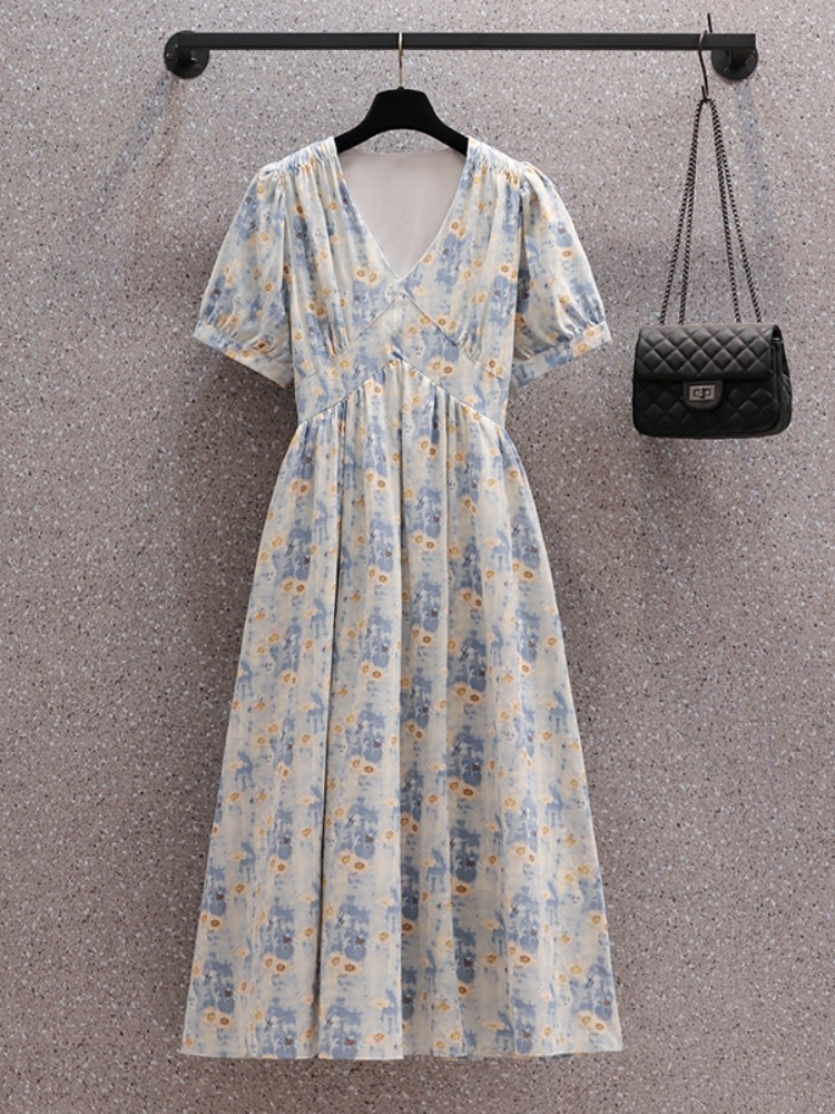 Plus Size V Neck Floral Korean Midi Dress
