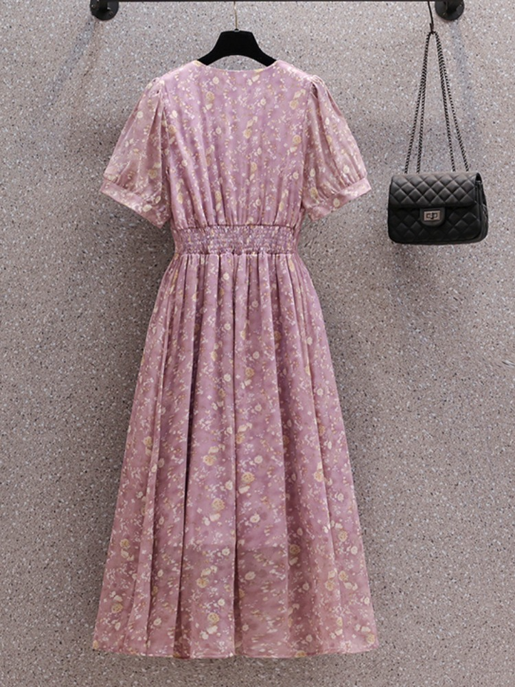 Plus Size V Neck Floral Korean Midi Dress