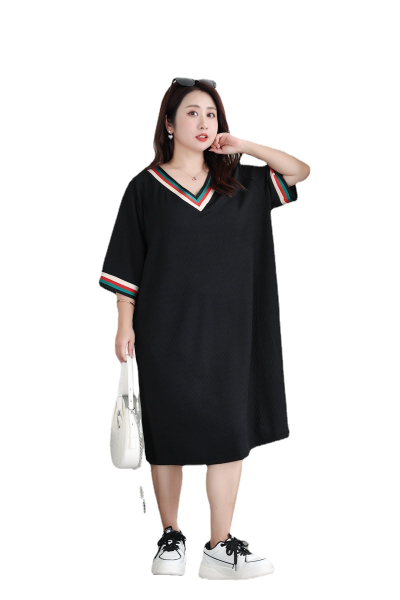 Plus Size V Neck Loose Stripes Casual Dress (Extra Big Size)