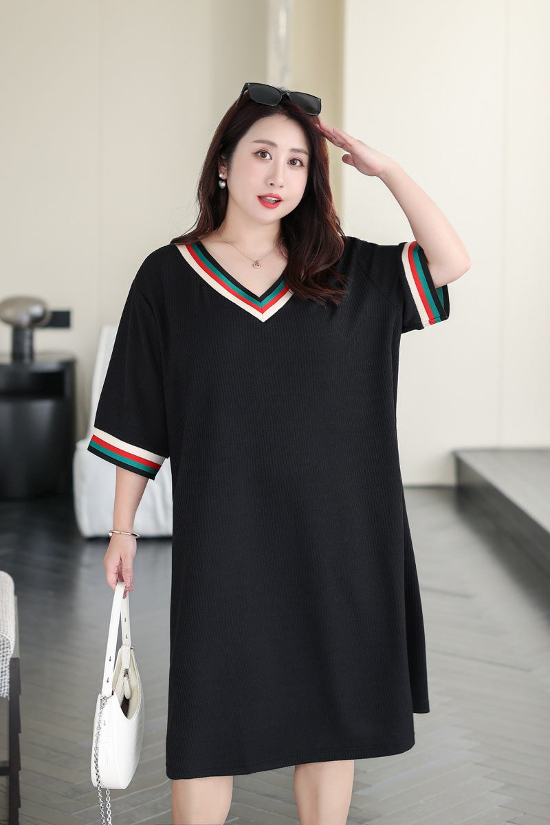 Plus Size V Neck Loose Stripes Casual Dress (Extra Big Size)