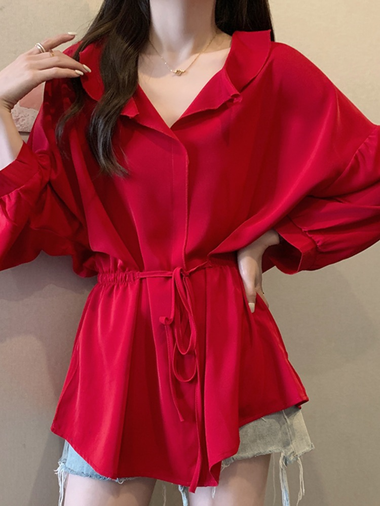 Plus Size V Neck Peplum Loose Long Sleeve Blouse