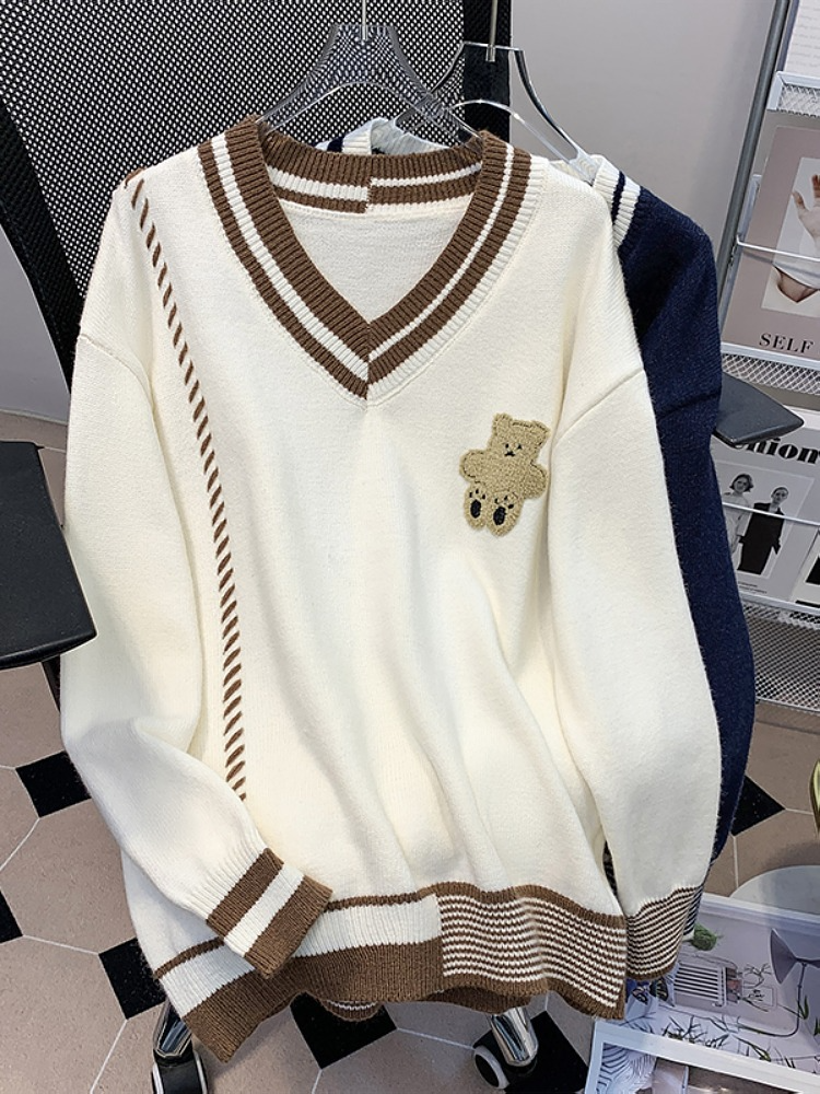 Plus Size V Neck Teddy Bear Cute Long Sleeve Sweater