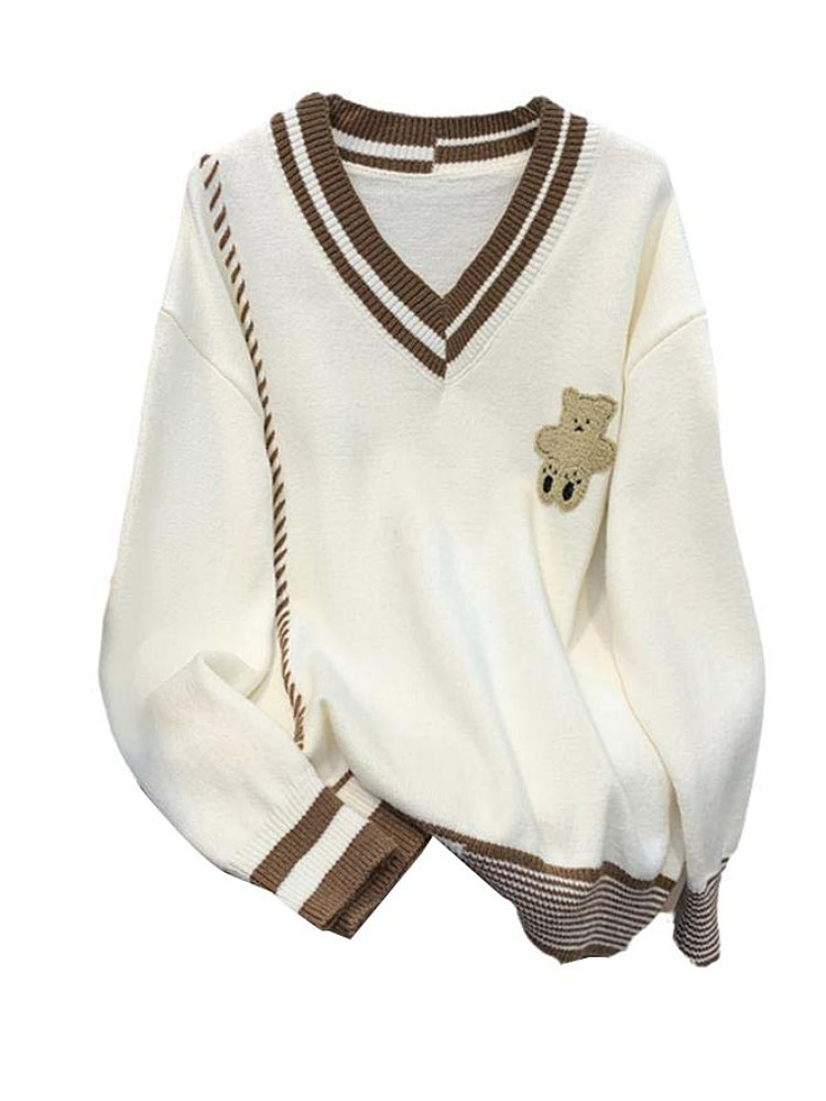 Plus Size V Neck Teddy Bear Cute Long Sleeve Sweater