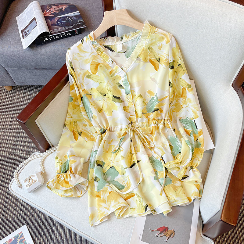 Plus Size Korean Watercolour Floral Long Sleeve Blouse