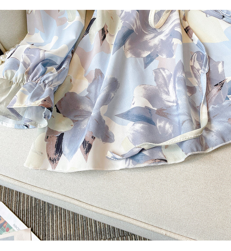 Plus Size Korean Watercolour Floral Long Sleeve Blouse