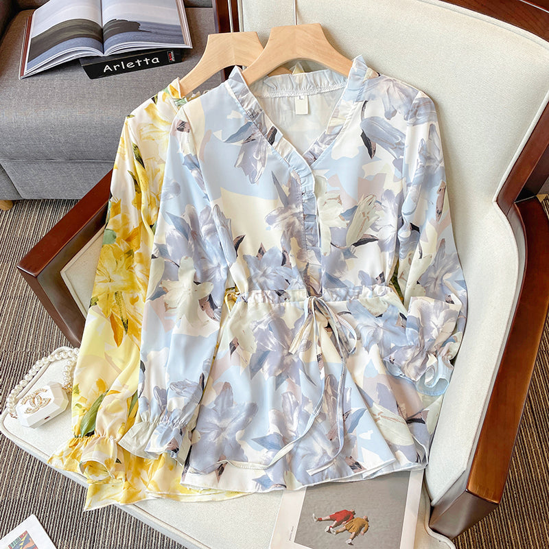 Plus Size Korean Watercolour Floral Long Sleeve Blouse