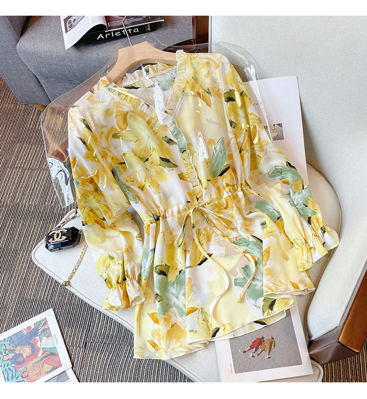 Plus Size Korean Watercolour Floral Long Sleeve Blouse