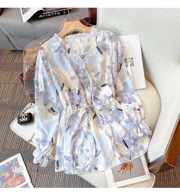 Plus Size Korean Watercolour Floral Long Sleeve Blouse