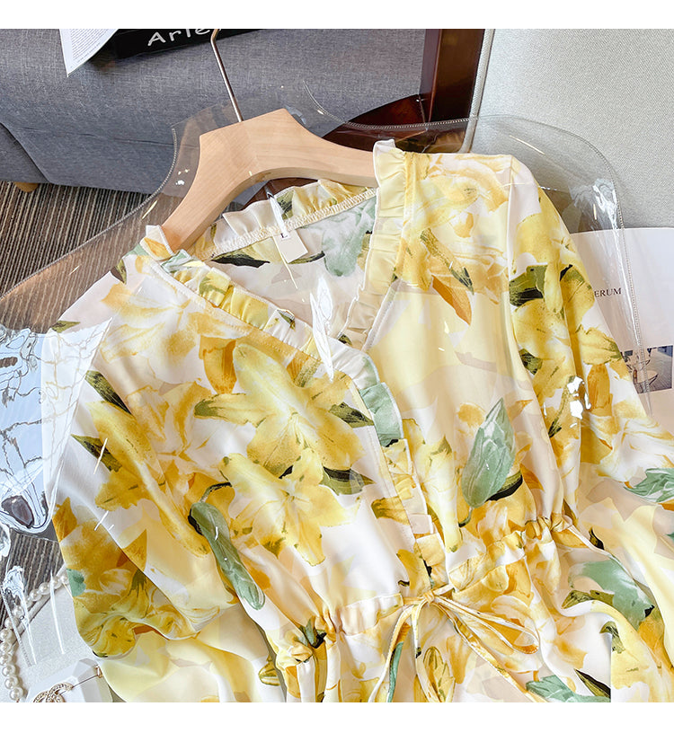 Plus Size Korean Watercolour Floral Long Sleeve Blouse