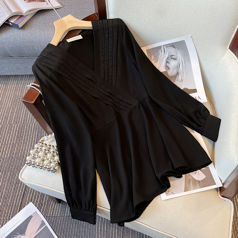 Plus Size Korean Embellished Wrap Long Sleeve Peplum Top
