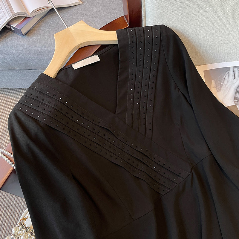 Plus Size Korean Embellished Wrap Long Sleeve Peplum Top