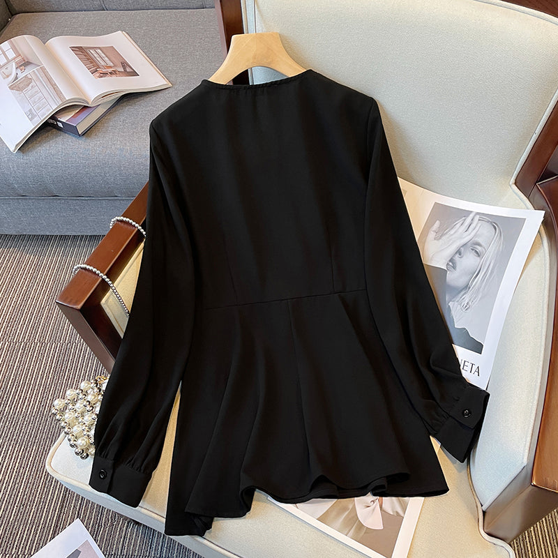 Plus Size Korean Embellished Wrap Long Sleeve Peplum Top