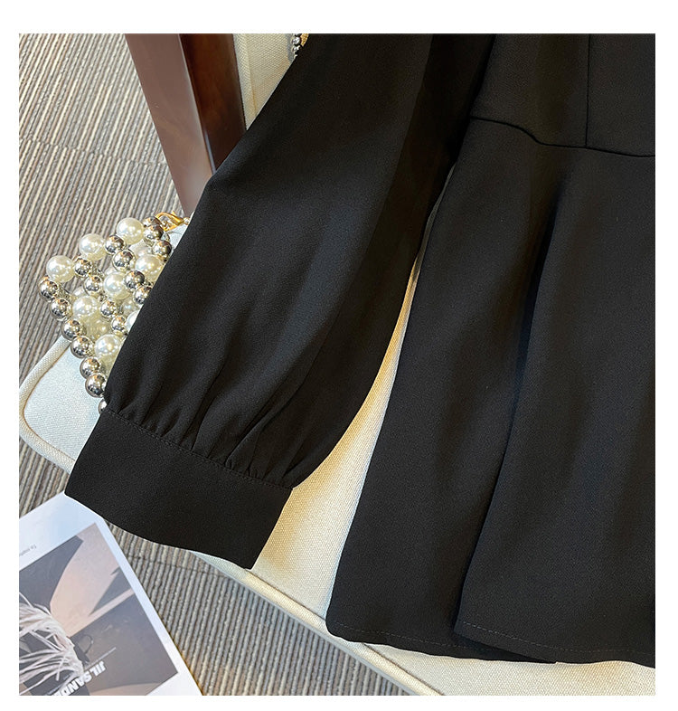 Plus Size Korean Embellished Wrap Long Sleeve Peplum Top