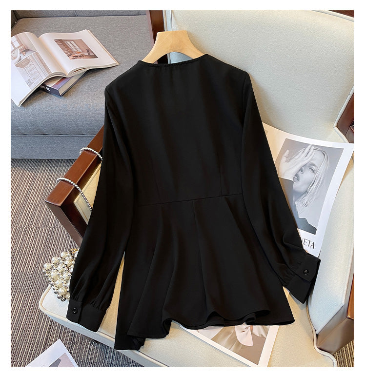 Plus Size Korean Embellished Wrap Long Sleeve Peplum Top