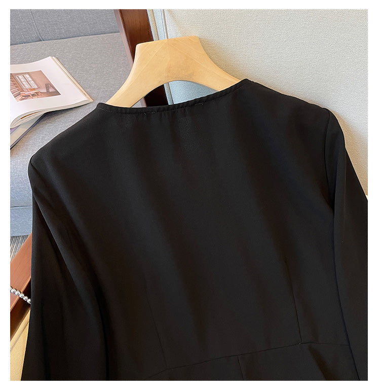 Plus Size Korean Embellished Wrap Long Sleeve Peplum Top