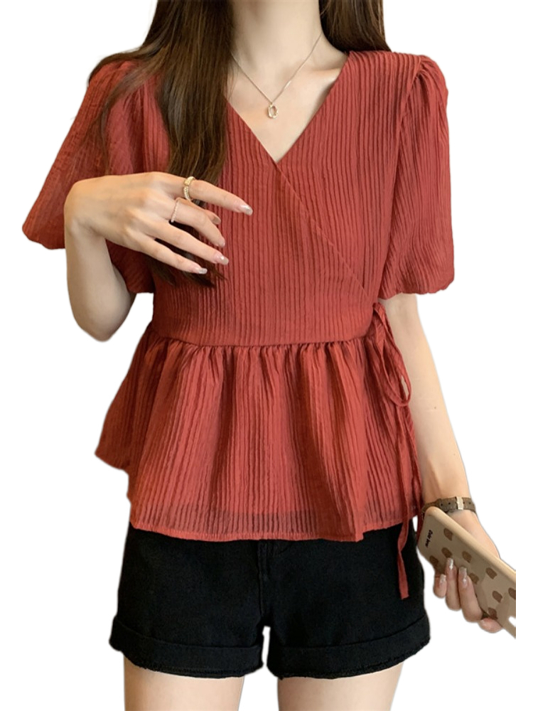 Plus Size Wrap V Neck Babydoll Blouse