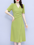 Plus Size Wrap V Neck Pleats Office Dress