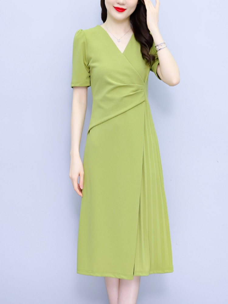 Plus Size Wrap V Neck Pleats Office Dress