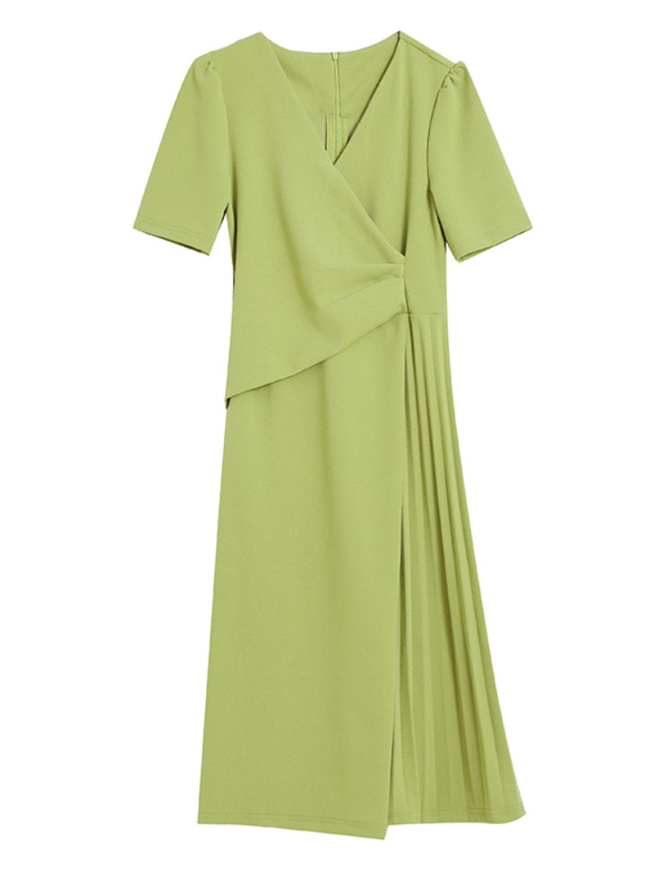 Plus Size Wrap V Neck Pleats Office Dress