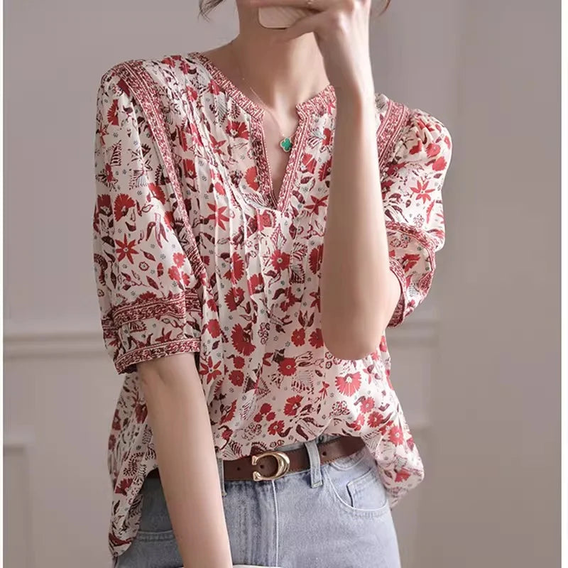 French Bohemian Floral Blouse