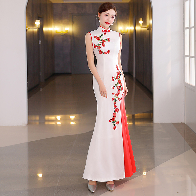 (S-5Xl + Custom Size) Plus Size Red Cherryblossoms Qipao Gown With Shawl (Mother Of The Bride Suitable)