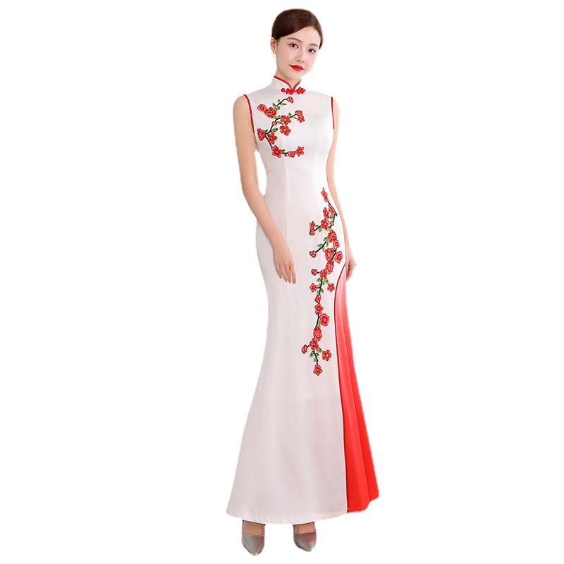 (S-5Xl + Custom Size) Plus Size Red Cherryblossoms Qipao Gown With Shawl (Mother Of The Bride Suitable)