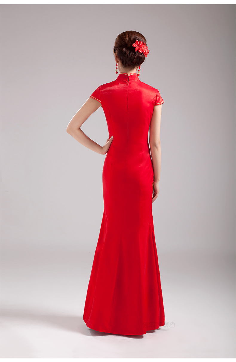 (S-5Xl) Plus Size Red Gold Embroidery Cheongsam Gown For Wedding Or Event