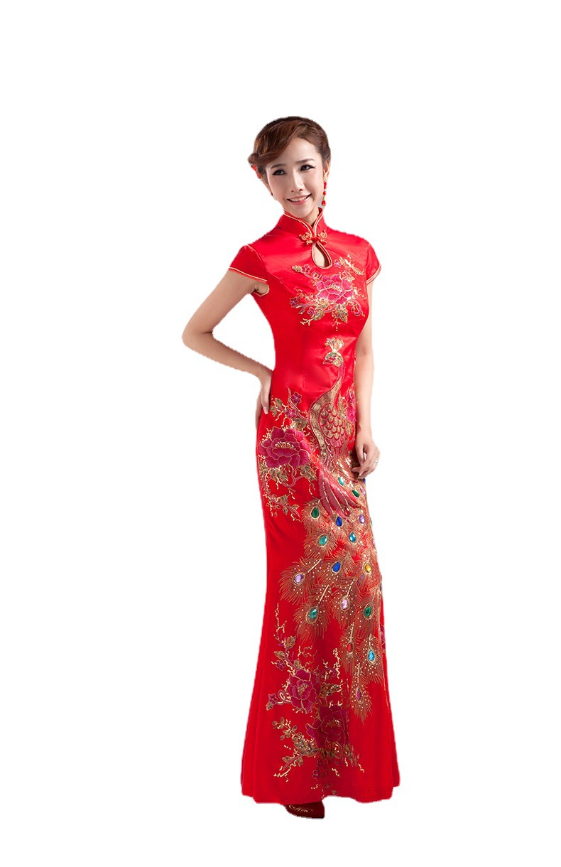 (S-5Xl) Plus Size Red Gold Embroidery Cheongsam Gown For Wedding Or Event