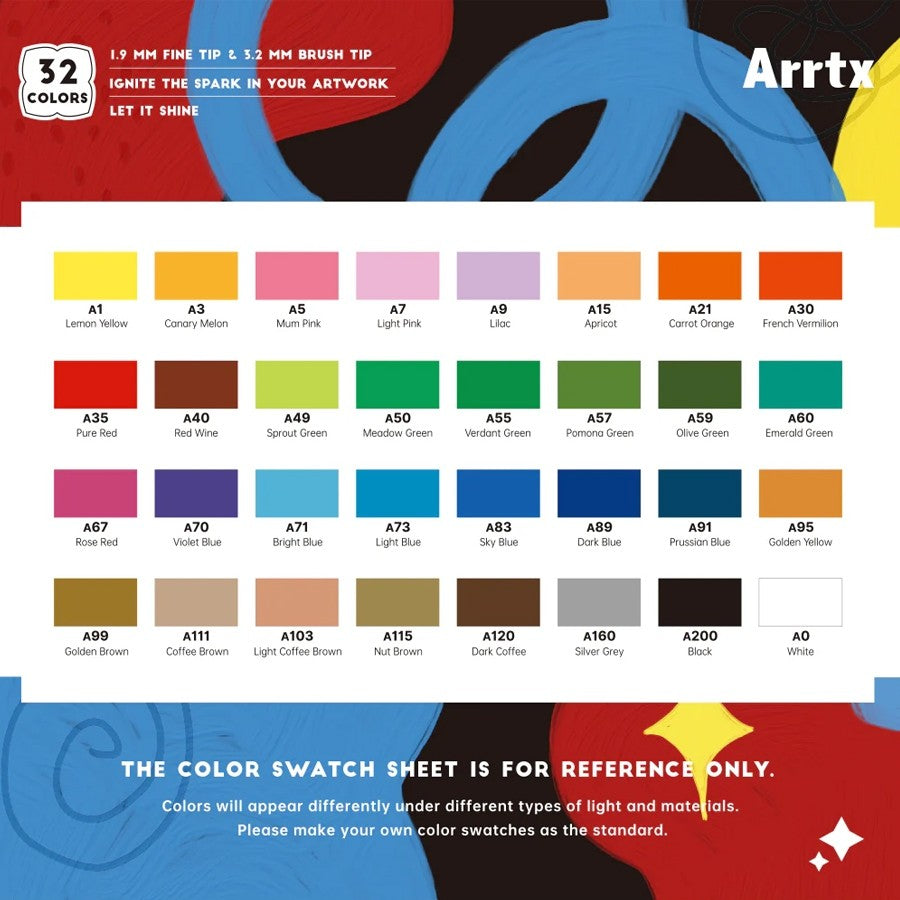 Arrtx 32 Dual Tip Acrylic Markers (Brush & Fine Tips)