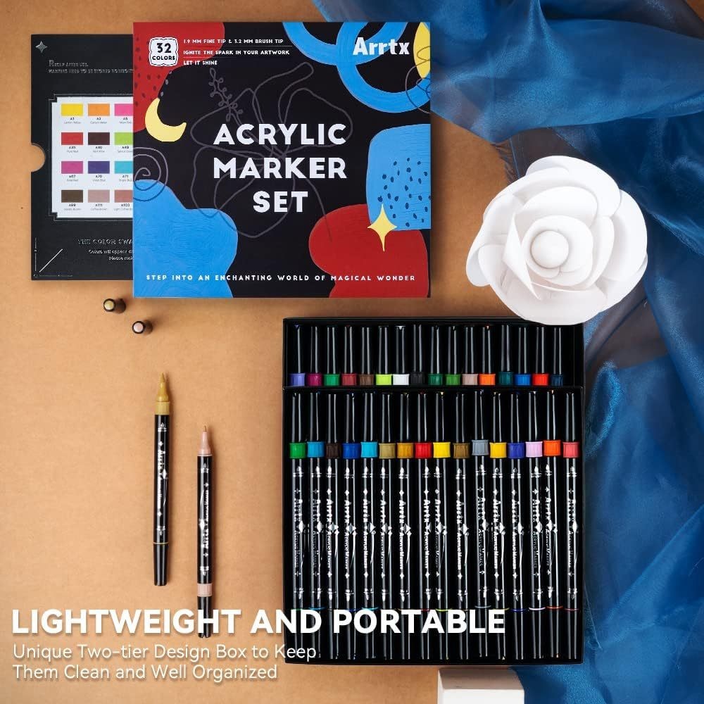 Arrtx 32 Dual Tip Acrylic Markers (Brush & Fine Tips)