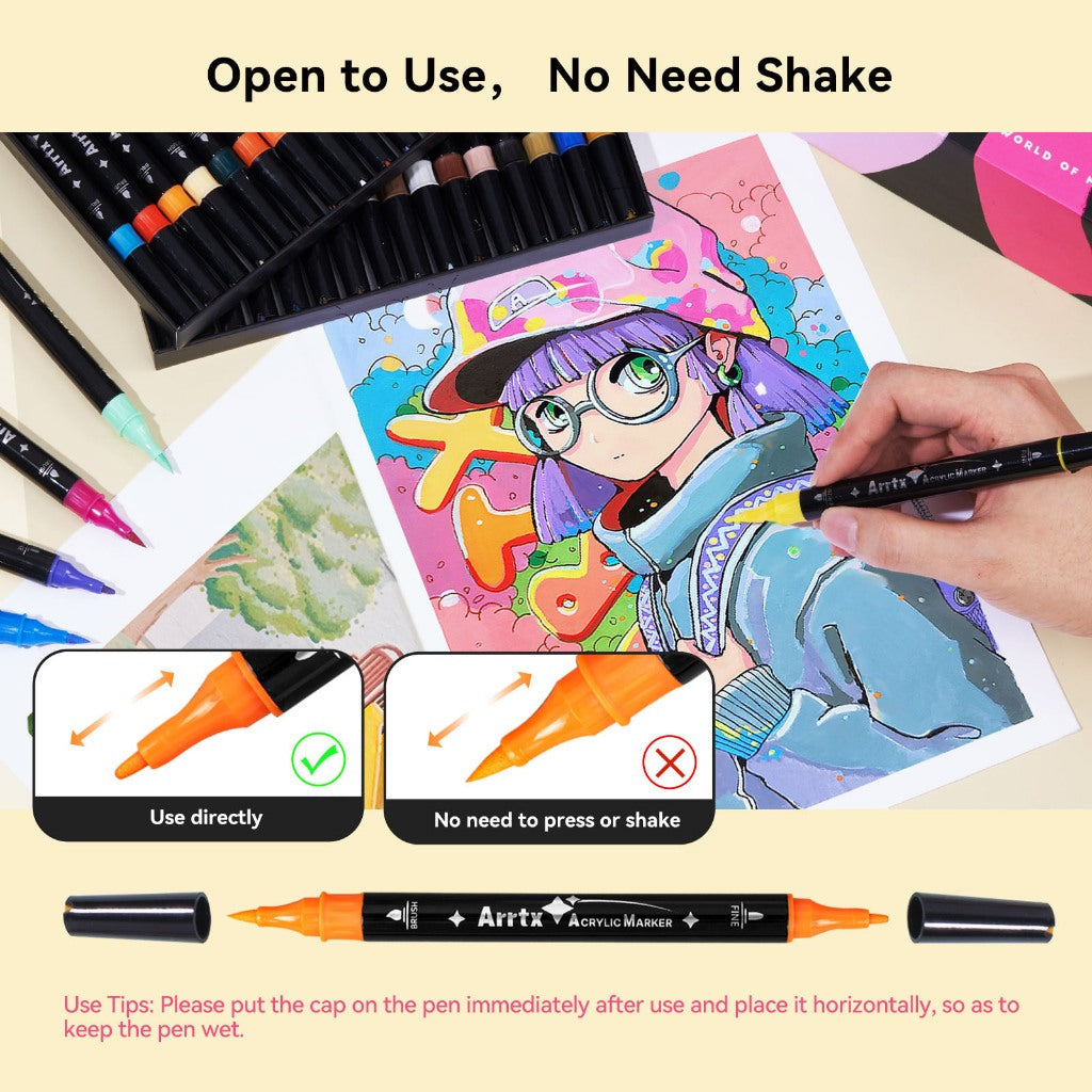 Arrtx 64 Dual Tip Acrylic Markers (Brush & Fine Tips)