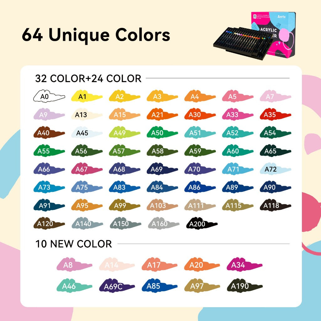 Arrtx 64 Dual Tip Acrylic Markers (Brush & Fine Tips)