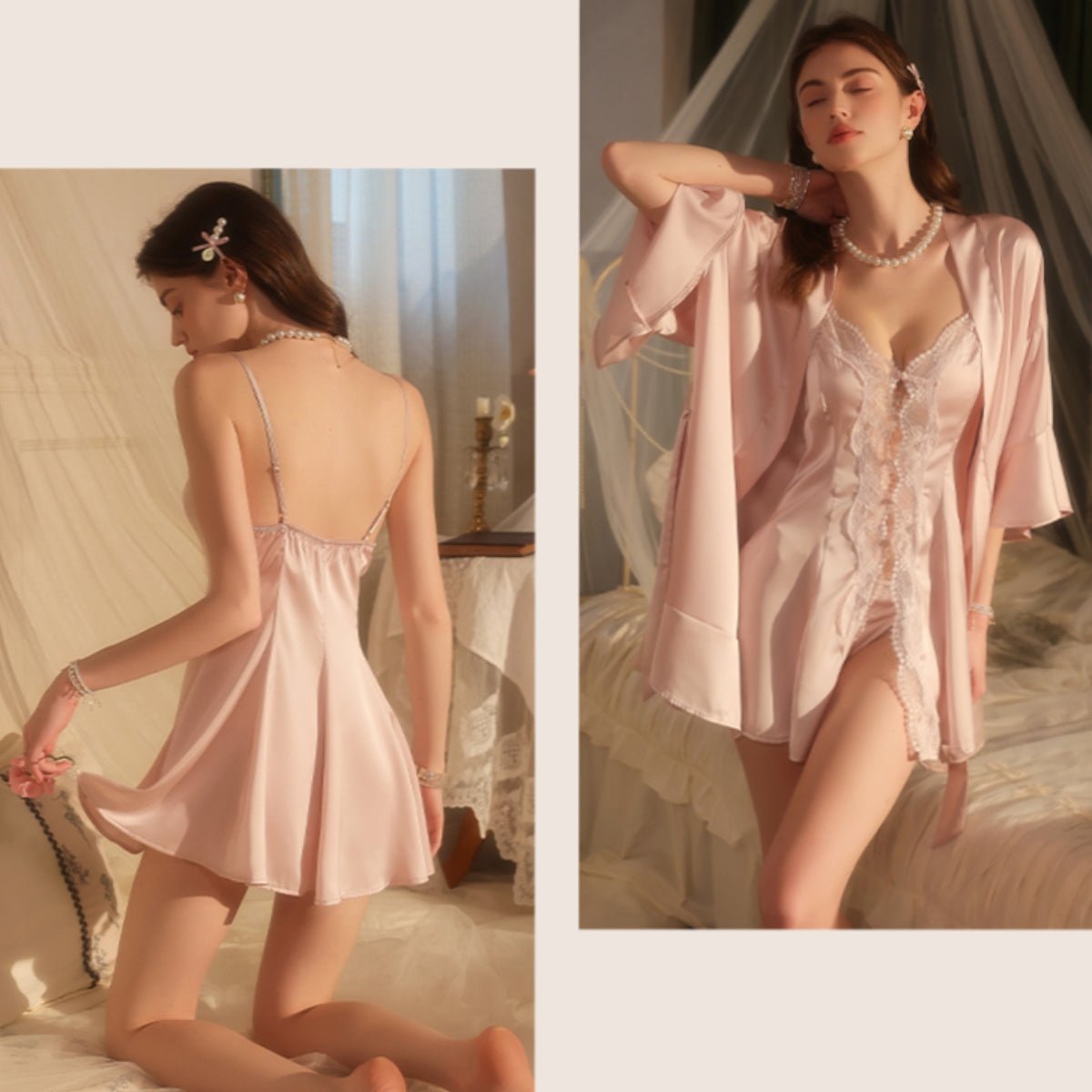 Vee lace and satin slip set
