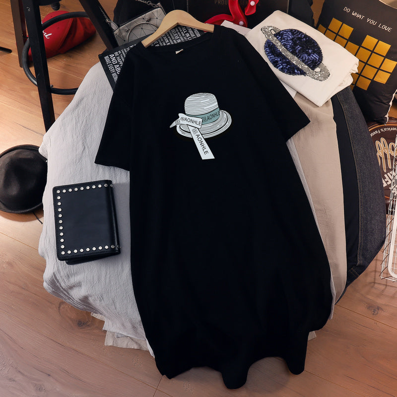 (Ready Stock Black 3XL - 1 Pc) Plus Size Hat Cotton T Shirt Midi Dress